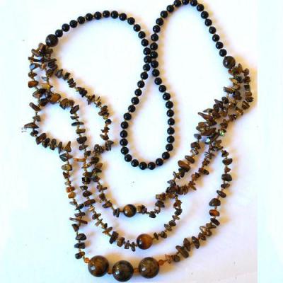 Ot 4045 collier sautoir oeil de tigre onyx noir 93gr 80cm 1