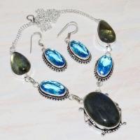 Lb 0725a collier boucles oreilles parure labradorite topaze bleue achat vente bijou argent 925