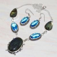 Lb 0725d collier boucles oreilles parure labradorite topaze bleue achat vente bijou argent 925