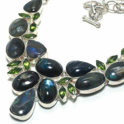 Lb 0738b collier parure labradorite bleue peridot 108gr 10 30mm achat vente bijoux argent 925