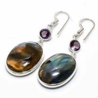 Lb 0747b boucles oreilles labradorite bleue amethyste 11gr 15 20mm achat vente bijoux argent 925