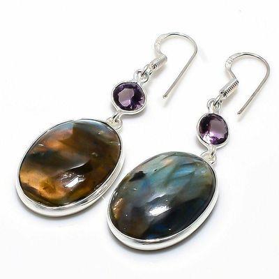 Lb 0747c boucles oreilles labradorite bleue amethyste 11gr 15 20mm achat vente bijoux argent 925