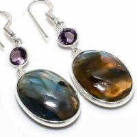 Lb 0747c boucles oreilles labradorite bleue amethyste 11gr 15 20mm achat vente bijoux argent 925