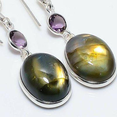 Lb 0748c boucles oreilles labradorite bleue amethyste 7gr 14 18mm achat vente bijoux argent 925