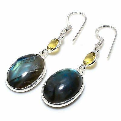 Lb 0749c boucles oreilles labradorite bleue citrine 7gr 14 18mm achat vente bijoux argent 925