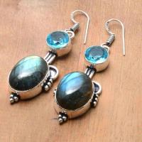 Lb 0797b boucles pendant oreilles 14gr paire labradorite aigue marine vente bijou argent 925