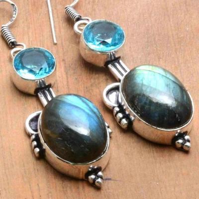 Lb 0797c boucles pendant oreilles 14gr paire labradorite aigue marine vente bijou argent 925