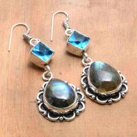 Lb 0801a boucles pendant oreilles 13gr paire labradorite aigue marine vente bijou argent 925