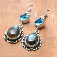 Lb 0801b boucles pendant oreilles 13gr paire labradorite aigue marine vente bijou argent 925