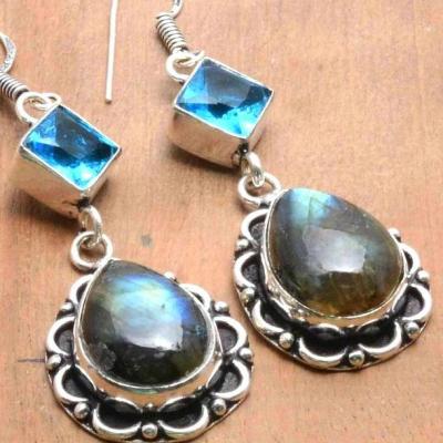 Lb 0801c boucles pendant oreilles 13gr paire labradorite aigue marine vente bijou argent 925