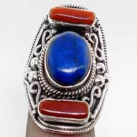 Lpc 026 bague tibetaine lapis lazuli corail argent t57 3 