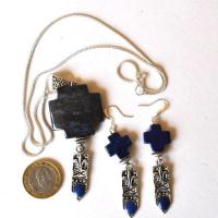 Lpc 041 pendentif boucles oreilles chaine croix lapis lazuli fleur lys 2 