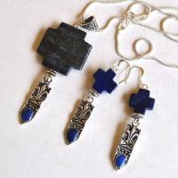 Lpc 041 pendentif boucles oreilles chaine croix lapis lazuli fleur lys 5 