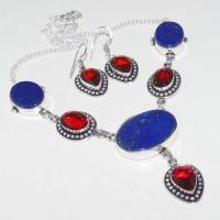 Lpc 197a parure collier boucles oreilles lapis lazuli grenat bijou argent 925 achat vente