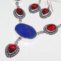 Lpc 197b parure collier boucles oreilles lapis lazuli grenat bijou argent 925 achat vente