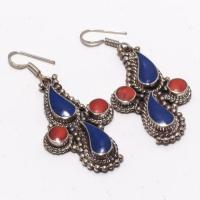 Lpc 378a boucles oreilles orientales ethniques corail lapis lazuli achat vente argent 925