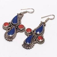 Lpc 378b boucles oreilles orientales ethniques corail lapis lazuli achat vente argent 925