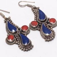 Lpc 378c boucles oreilles orientales ethniques corail lapis lazuli achat vente argent 925