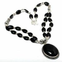 On 0600a collier parure 61gr 2rangs onyx noir pendant 28x40mm bijou art deco gothique argent 925