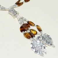 Ot 7931c collier sautoir parure pendants feuilles 2 rangs oeil de tigre 62gr argent 925 1